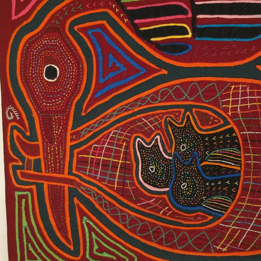 Hand Stitched Mola Stork & Baby Birds Handcrafted Folk Art Panel Panama Textile - Picture 2 of 9